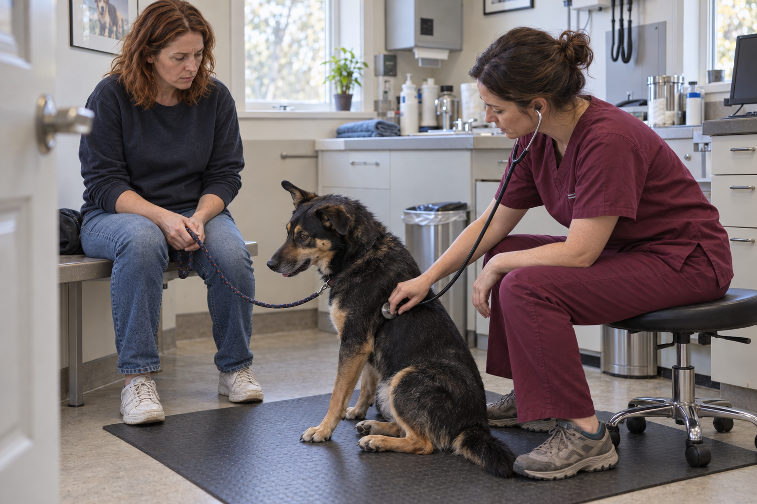 Veterinář vyšetřuje psa s podezřením na anafylaktický šok